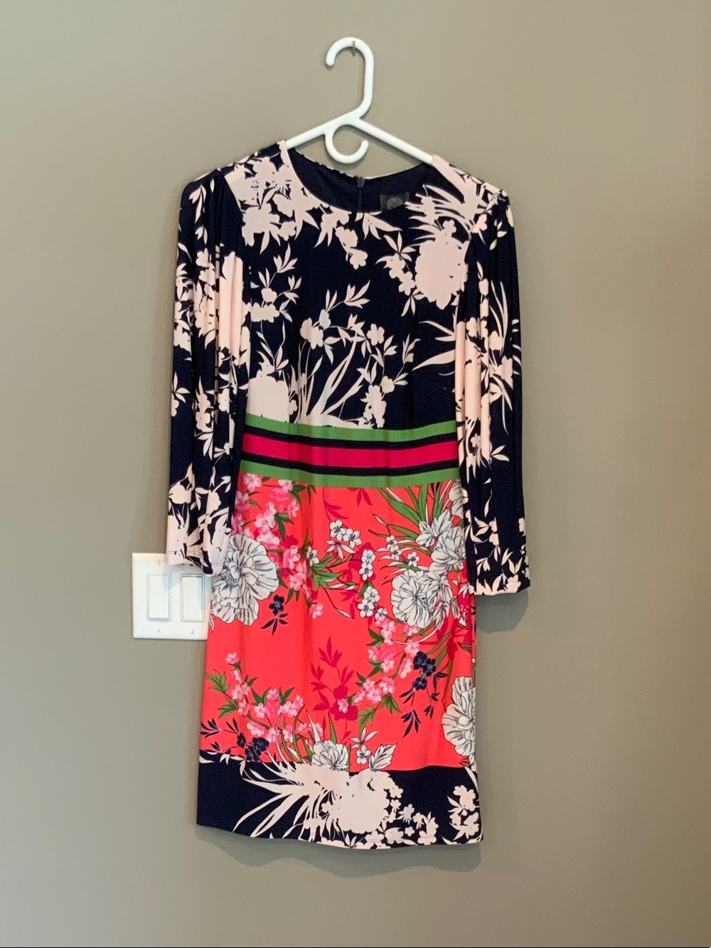 Vince Camuto Black, Coral & Pink Floral Colorblock Long-Sleeve Dress